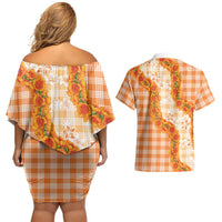 Orange Hawaii Palaka Couples Matching Off Shoulder Short Dress and Hawaiian Shirt Hawaiian Ilima Lei LT05 - Polynesian Pride