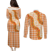 Orange Hawaii Palaka Couples Matching Puletasi and Long Sleeve Button Shirt Hawaiian Ilima Lei LT05 - Polynesian Pride