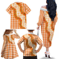 Orange Hawaii Palaka Family Matching Off The Shoulder Long Sleeve Dress and Hawaiian Shirt Hawaiian Ilima Lei