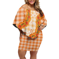 Orange Hawaii Palaka Family Matching Off Shoulder Short Dress and Hawaiian Shirt Hawaiian Ilima Lei