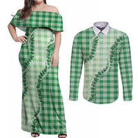 Green Hawaii Palaka Couples Matching Off Shoulder Maxi Dress and Long Sleeve Button Shirt Hawaiian Pikake Lei LT05 Green - Polynesian Pride