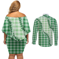 Green Hawaii Palaka Couples Matching Off Shoulder Short Dress and Long Sleeve Button Shirt Hawaiian Pikake Lei LT05 - Polynesian Pride