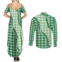 Green Hawaii Palaka Couples Matching Summer Maxi Dress and Long Sleeve Button Shirt Hawaiian Pikake Lei LT05 - Polynesian Pride