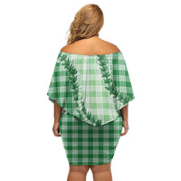 Green Hawaii Palaka Family Matching Off Shoulder Short Dress and Hawaiian Shirt Hawaiian Pikake Lei