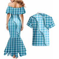 Blue Hawaii Palaka Couples Matching Mermaid Dress and Hawaiian Shirt Hawaiian Pikake Lei