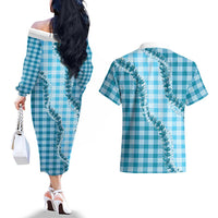Blue Hawaii Palaka Couples Matching Off The Shoulder Long Sleeve Dress and Hawaiian Shirt Hawaiian Pikake Lei