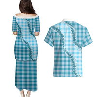Blue Hawaii Palaka Couples Matching Puletasi and Hawaiian Shirt Hawaiian Pikake Lei LT05 - Polynesian Pride