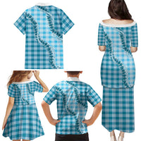 Blue Hawaii Palaka Family Matching Puletasi and Hawaiian Shirt Hawaiian Pikake Lei