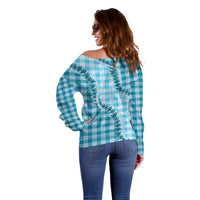 Blue Hawaii Palaka Off Shoulder Sweater Hawaiian Pikake Lei LT05 - Polynesian Pride