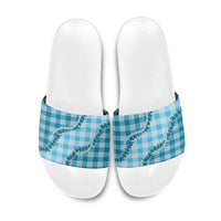 Blue Hawaii Palaka Slide Sandals Hawaiian Pikake Lei LT05 Blue - Polynesian Pride