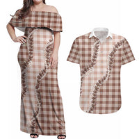 Beige Hawaii Palaka Couples Matching Off Shoulder Maxi Dress and Hawaiian Shirt Hawaiian Pikake Lei LT05 Beige - Polynesian Pride
