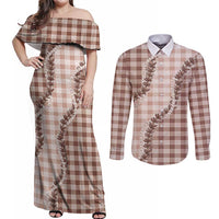 Beige Hawaii Palaka Couples Matching Off Shoulder Maxi Dress and Long Sleeve Button Shirt Hawaiian Pikake Lei LT05 Beige - Polynesian Pride