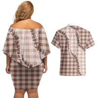 Beige Hawaii Palaka Couples Matching Off Shoulder Short Dress and Hawaiian Shirt Hawaiian Pikake Lei