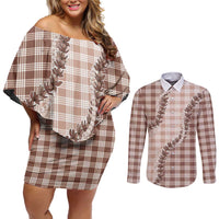 Beige Hawaii Palaka Couples Matching Off Shoulder Short Dress and Long Sleeve Button Shirt Hawaiian Pikake Lei LT05 Beige - Polynesian Pride