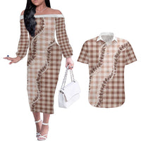 Beige Hawaii Palaka Couples Matching Off The Shoulder Long Sleeve Dress and Hawaiian Shirt Hawaiian Pikake Lei
