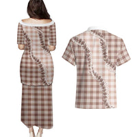 Beige Hawaii Palaka Couples Matching Puletasi and Hawaiian Shirt Hawaiian Pikake Lei
