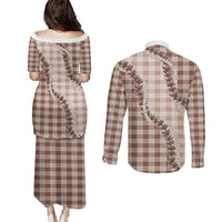 Beige Hawaii Palaka Couples Matching Puletasi and Long Sleeve Button Shirt Hawaiian Pikake Lei LT05 - Polynesian Pride