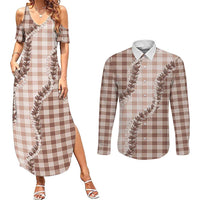 Beige Hawaii Palaka Couples Matching Summer Maxi Dress and Long Sleeve Button Shirt Hawaiian Pikake Lei LT05 Beige - Polynesian Pride
