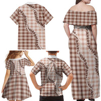 Beige Hawaii Palaka Family Matching Off Shoulder Maxi Dress and Hawaiian Shirt Hawaiian Pikake Lei