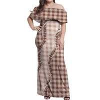 Beige Hawaii Palaka Off Shoulder Maxi Dress Hawaiian Pikake Lei LT05 Women Beige - Polynesian Pride