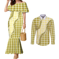 Yellow Hawaii Palaka Couples Matching Mermaid Dress and Long Sleeve Button Shirt Hawaiian Pikake Lei