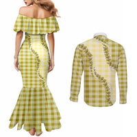 Yellow Hawaii Palaka Couples Matching Mermaid Dress and Long Sleeve Button Shirt Hawaiian Pikake Lei