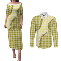Yellow Hawaii Palaka Couples Matching Puletasi and Long Sleeve Button Shirt Hawaiian Pikake Lei LT05 Yellow - Polynesian Pride