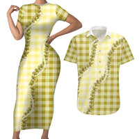 Yellow Hawaii Palaka Couples Matching Short Sleeve Bodycon Dress and Hawaiian Shirt Hawaiian Pikake Lei