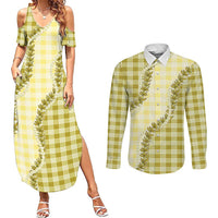 Yellow Hawaii Palaka Couples Matching Summer Maxi Dress and Long Sleeve Button Shirt Hawaiian Pikake Lei LT05 Yellow - Polynesian Pride