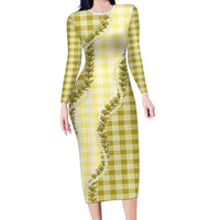 Yellow Hawaii Palaka Family Matching Long Sleeve Bodycon Dress and Hawaiian Shirt Hawaiian Pikake Lei