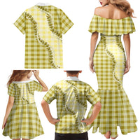 Yellow Hawaii Palaka Family Matching Mermaid Dress and Hawaiian Shirt Hawaiian Pikake Lei