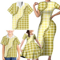 Yellow Hawaii Palaka Family Matching Short Sleeve Bodycon Dress and Hawaiian Shirt Hawaiian Pikake Lei