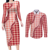 Red Hawaii Palaka Couples Matching Long Sleeve Bodycon Dress and Long Sleeve Button Shirt Hawaiian Pikake Lei LT05 Red - Polynesian Pride