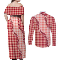 Red Hawaii Palaka Couples Matching Off Shoulder Maxi Dress and Long Sleeve Button Shirt Hawaiian Pikake Lei LT05 - Polynesian Pride