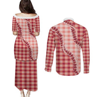 Red Hawaii Palaka Couples Matching Puletasi and Long Sleeve Button Shirt Hawaiian Pikake Lei LT05 - Polynesian Pride