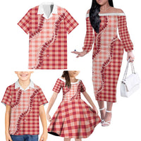 Red Hawaii Palaka Family Matching Off The Shoulder Long Sleeve Dress and Hawaiian Shirt Hawaiian Pikake Lei