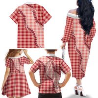 Red Hawaii Palaka Family Matching Off The Shoulder Long Sleeve Dress and Hawaiian Shirt Hawaiian Pikake Lei