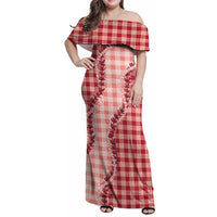Red Hawaii Palaka Family Matching Off Shoulder Maxi Dress and Hawaiian Shirt Hawaiian Pikake Lei