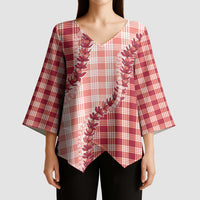 Red Hawaii Palaka Kimono Sleeve Blouse Hawaiian Pikake Lei LT05 - Polynesian Pride
