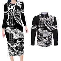 Hawaii Maui Upena Kiloi Couples Matching Long Sleeve Bodycon Dress and Long Sleeve Button Shirt Kakau Tribal Pattern Black Version LT05 Black - Polynesian Pride