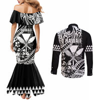 Hawaii Maui Upena Kiloi Couples Matching Mermaid Dress and Long Sleeve Button Shirt Kakau Tribal Pattern Black Version LT05 - Polynesian Pride