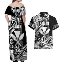 Hawaii Maui Upena Kiloi Couples Matching Off Shoulder Maxi Dress and Hawaiian Shirt Kakau Tribal Pattern Black Version