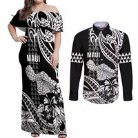 Hawaii Maui Upena Kiloi Couples Matching Off Shoulder Maxi Dress and Long Sleeve Button Shirt Kakau Tribal Pattern Black Version LT05 Black - Polynesian Pride