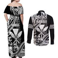 Hawaii Maui Upena Kiloi Couples Matching Off Shoulder Maxi Dress and Long Sleeve Button Shirt Kakau Tribal Pattern Black Version LT05 - Polynesian Pride