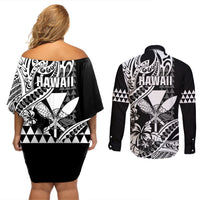 Hawaii Maui Upena Kiloi Couples Matching Off Shoulder Short Dress and Long Sleeve Button Shirt Kakau Tribal Pattern Black Version LT05 - Polynesian Pride