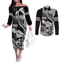Hawaii Maui Upena Kiloi Couples Matching Off The Shoulder Long Sleeve Dress and Long Sleeve Button Shirt Kakau Tribal Pattern Black Version LT05 Black - Polynesian Pride