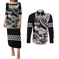 Hawaii Maui Upena Kiloi Couples Matching Puletasi and Long Sleeve Button Shirt Kakau Tribal Pattern Black Version LT05 Black - Polynesian Pride