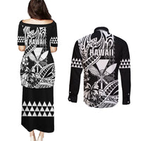 Hawaii Maui Upena Kiloi Couples Matching Puletasi and Long Sleeve Button Shirt Kakau Tribal Pattern Black Version LT05 - Polynesian Pride