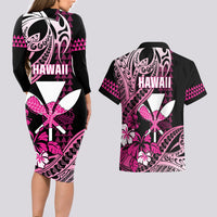 Hawaii Maui Upena Kiloi Couples Matching Long Sleeve Bodycon Dress and Hawaiian Shirt Kakau Tribal Pattern Pink Version LT05 - Polynesian Pride