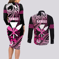 Hawaii Maui Upena Kiloi Couples Matching Long Sleeve Bodycon Dress and Long Sleeve Button Shirt Kakau Tribal Pattern Pink Version LT05 - Polynesian Pride